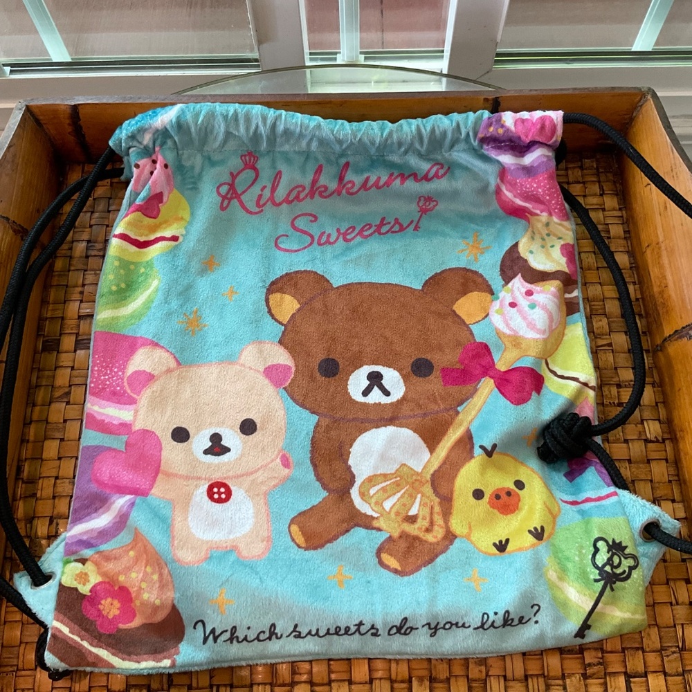 Rilakkuma Sweets! Blue Soft Drawstring Backpack - Rare! - Picture 2 of 8